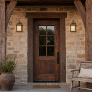 Two Stonehaven EX-6908-A15 outdoor wall lanterns beside a rustic stone home entrance