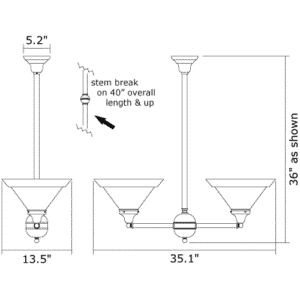 Two Light Chandelier With 3-1/4" Shade Holders Up