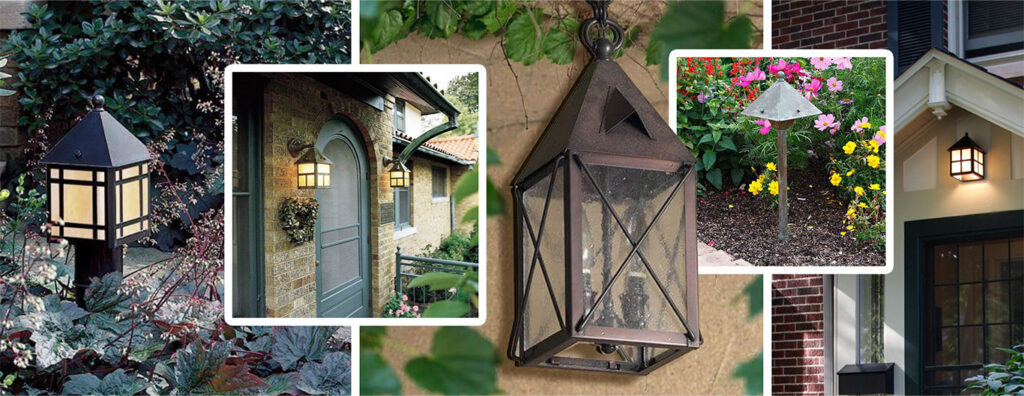 Handcrafted solid brass exterior lighting illuminating a home's porch and landscaping at dusk — Brass Light Gallery