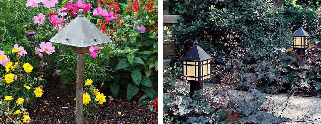 Brass pathway lights from the Brass Light Gallery Market Collection lining a garden walkway at night