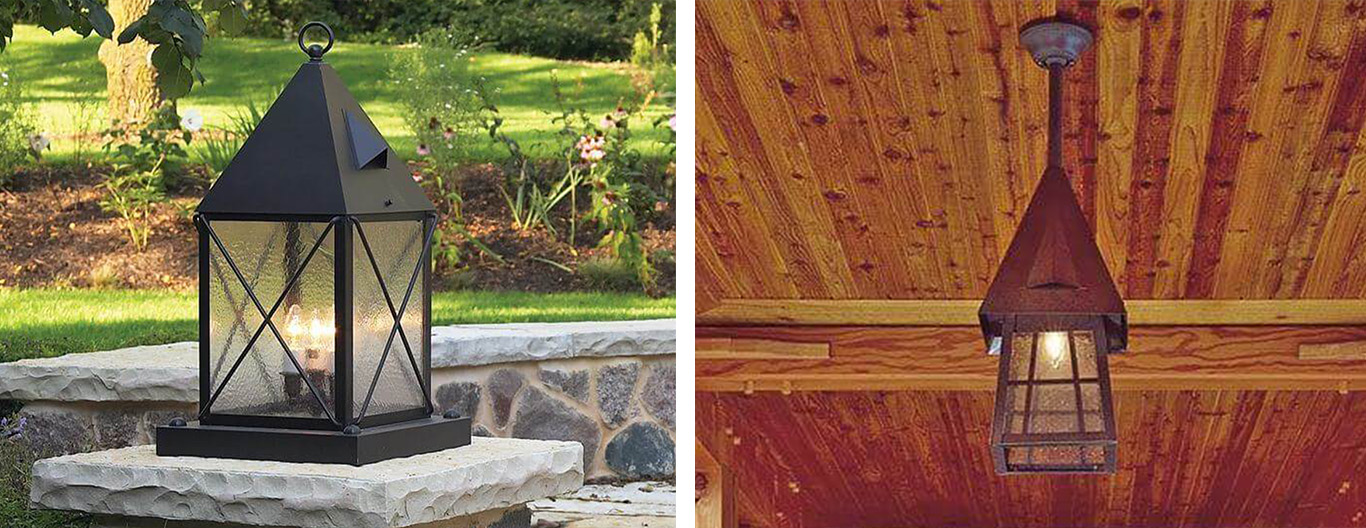 Lancaster Collection Tudor-inspired brass lantern from Brass Light Gallery illuminating a patio seating area in the evening