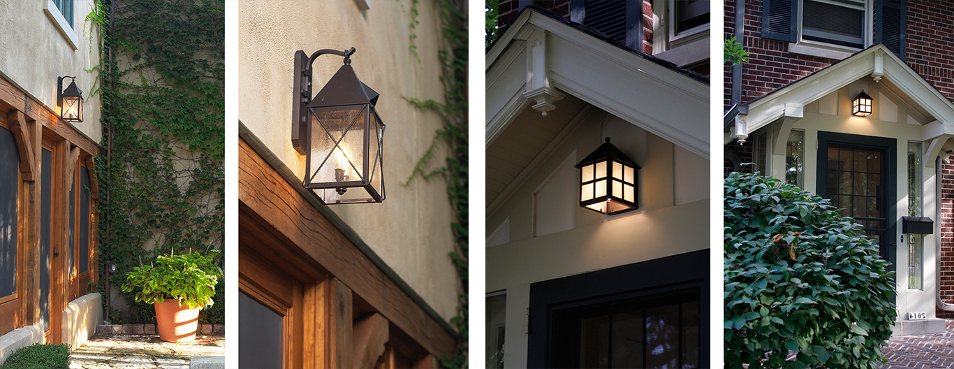 Solid brass porch lantern from the Brass Light Gallery Stonehaven or Cottage collection mounted at a home's entryway
