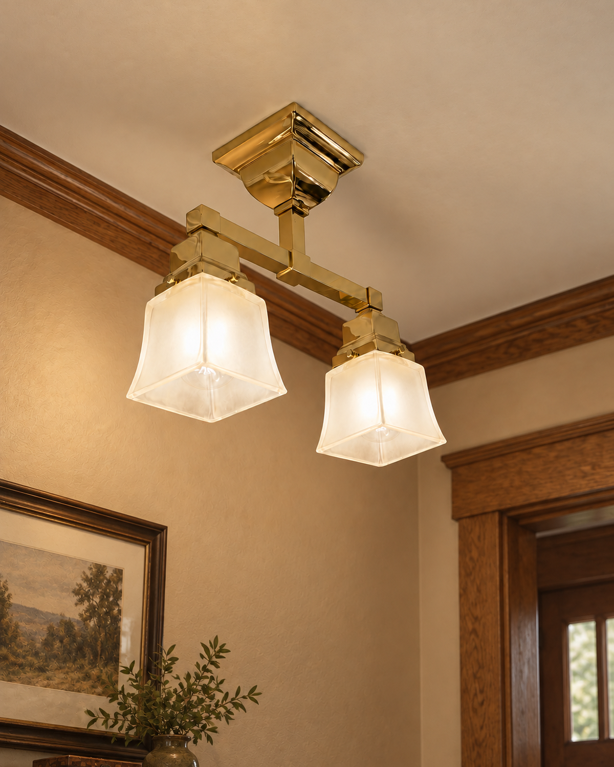 Oak Park two light brass flush ceiling fixture in a Craftsman interior