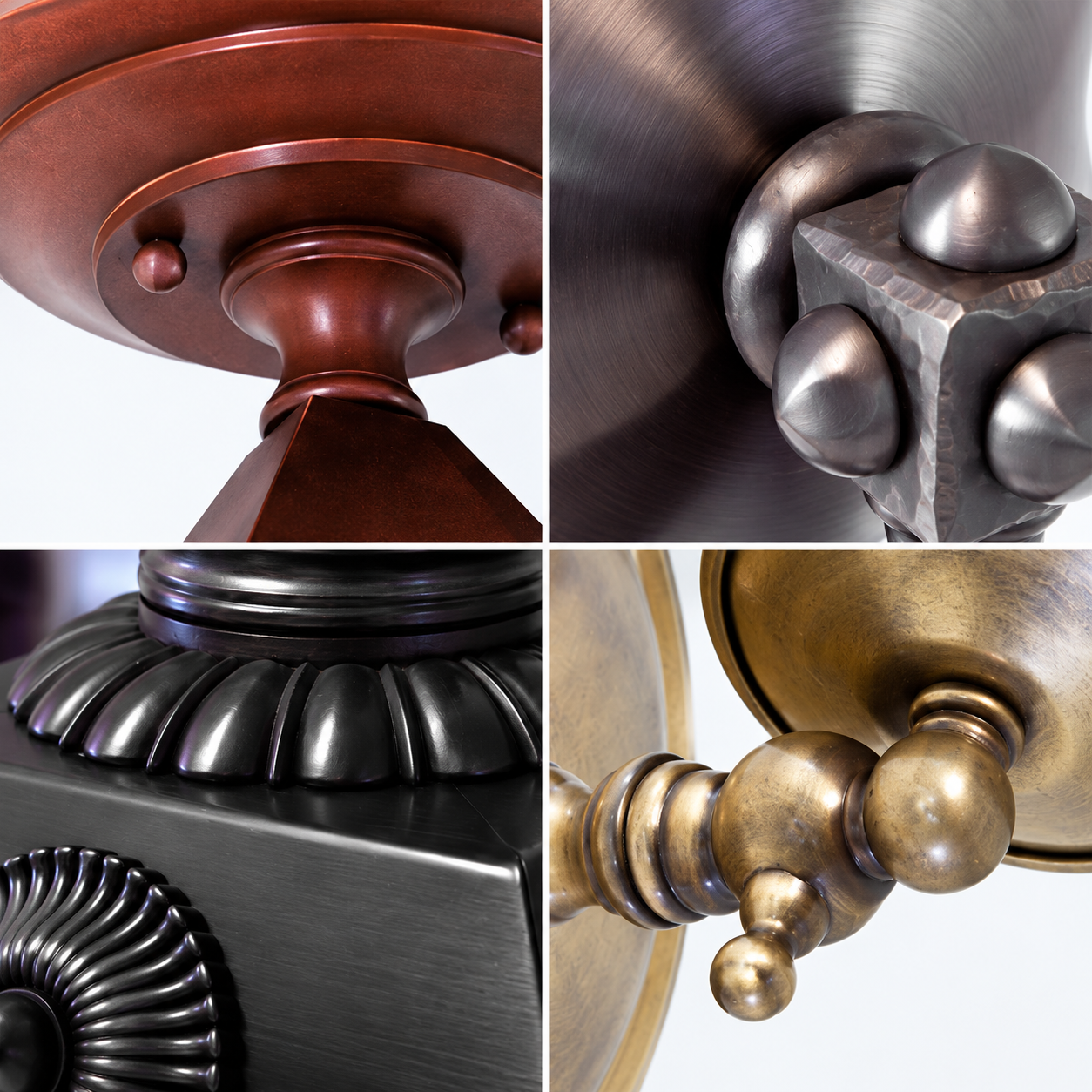 Four lighting hardware details showing reddish brown, silver toned, black, and warm brass finishes