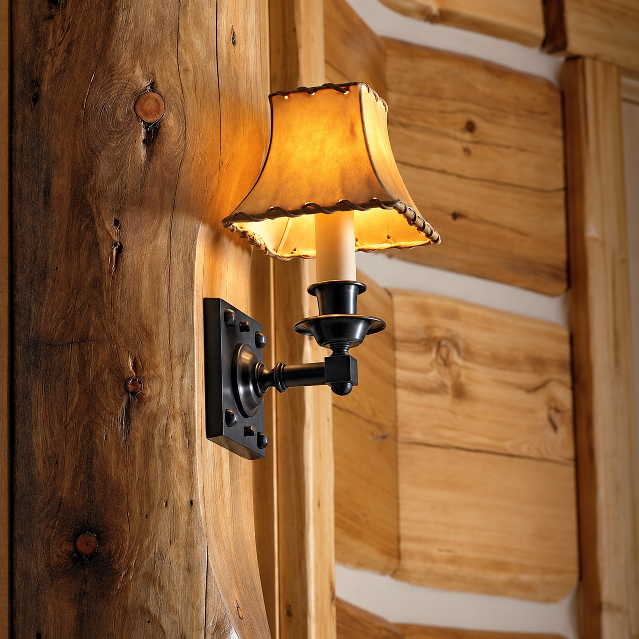 Durham CN-185-K1 solid brass wall sconce with a warm shade installed on a rustic wood wall