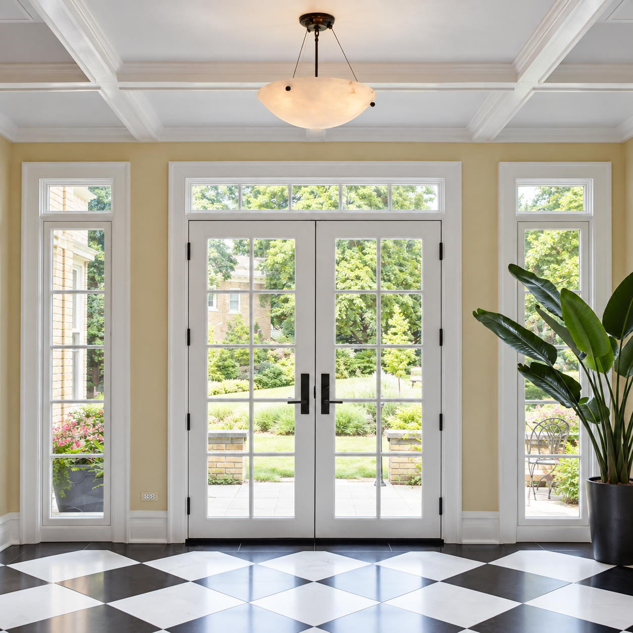 Empire AL-1724-AH alabaster ceiling light installed above glass entry doors in a traditional residential foyer