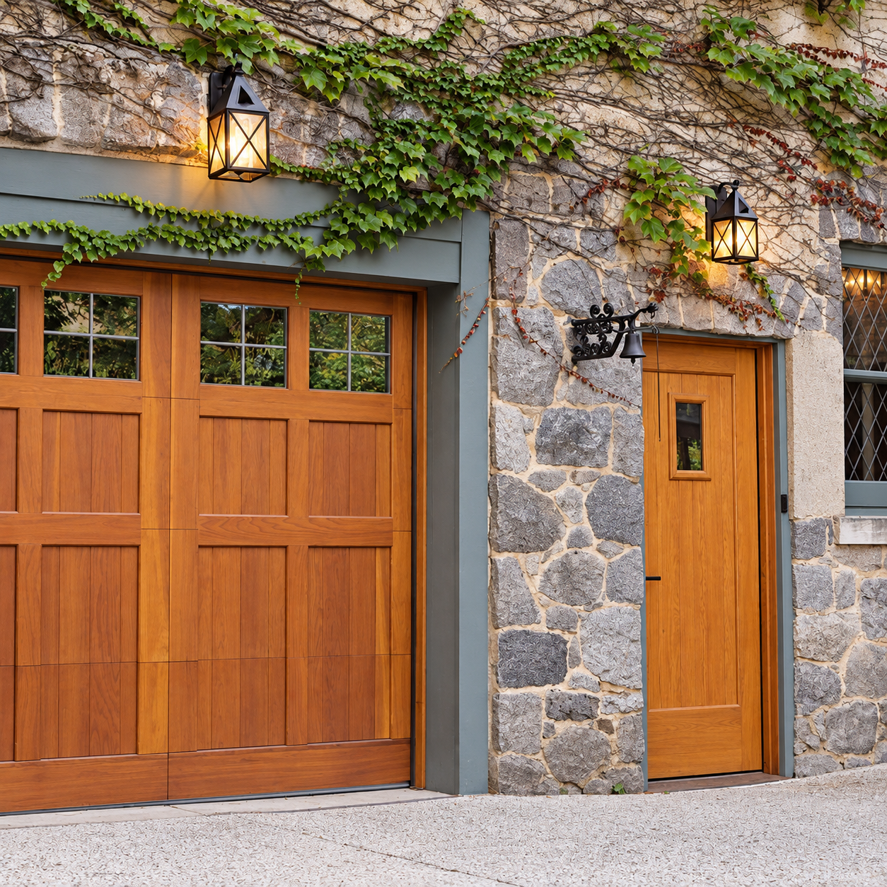Three illuminated Lancaster EX-5910-A42-CC solid brass outdoor wall lanterns with Crosscut overlays installed on a stone garage exterior