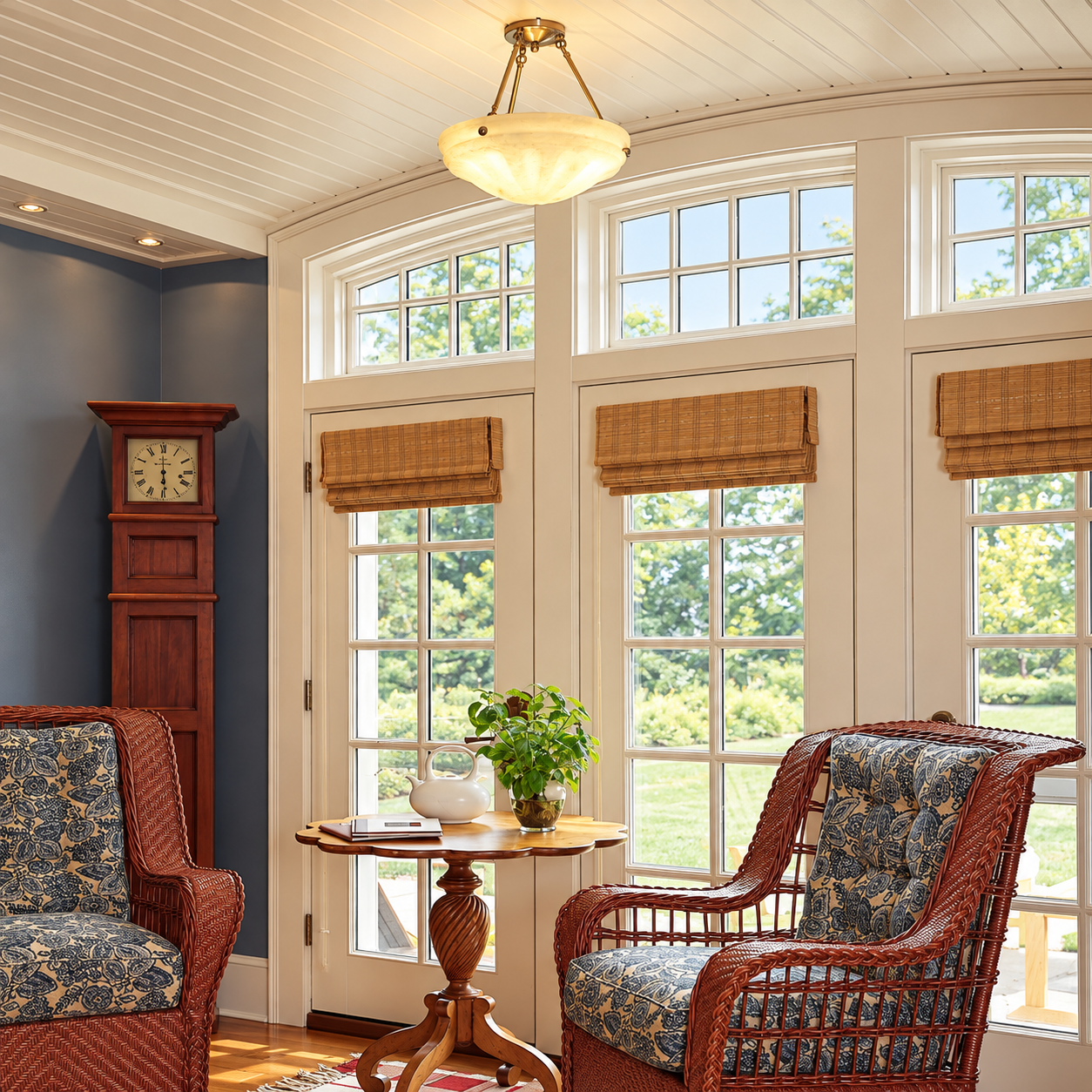 Palladian AL-2116-AA-N alabaster ceiling light installed above a traditional sunroom seating area