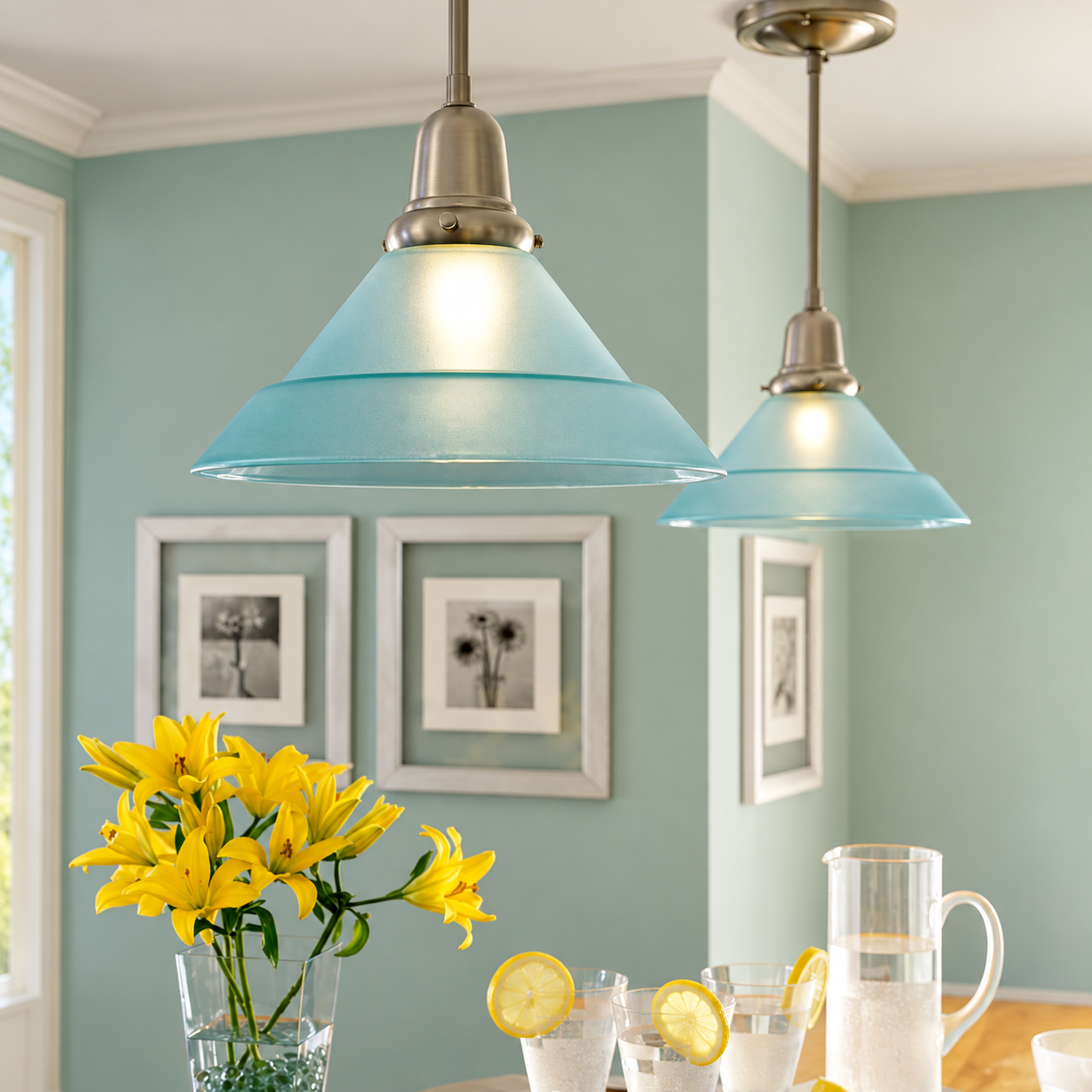 Two Retro CN-417-A4-04M-N solid brass pendant lights with blue glass shades installed above a kitchen serving area