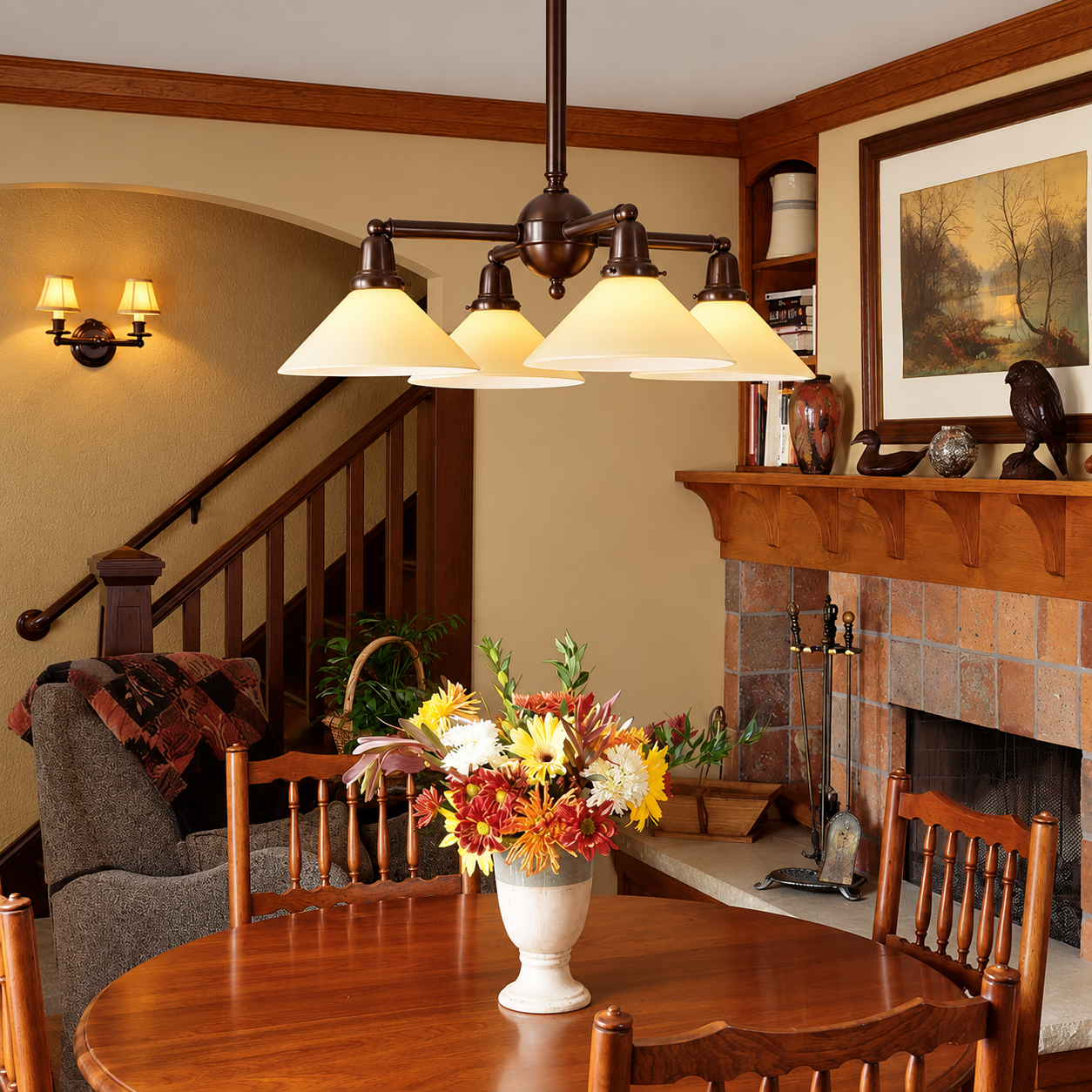 Shoreland CN-444-A4-03M four light brass chandelier above a wood dining table in a Craftsman style interior