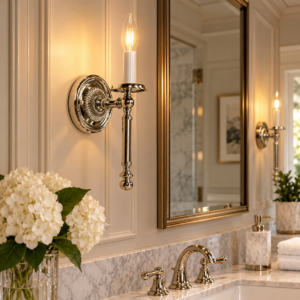 Sunburst candle wall sconces with decorative round backplates beside a tall mirror above a marble vanity