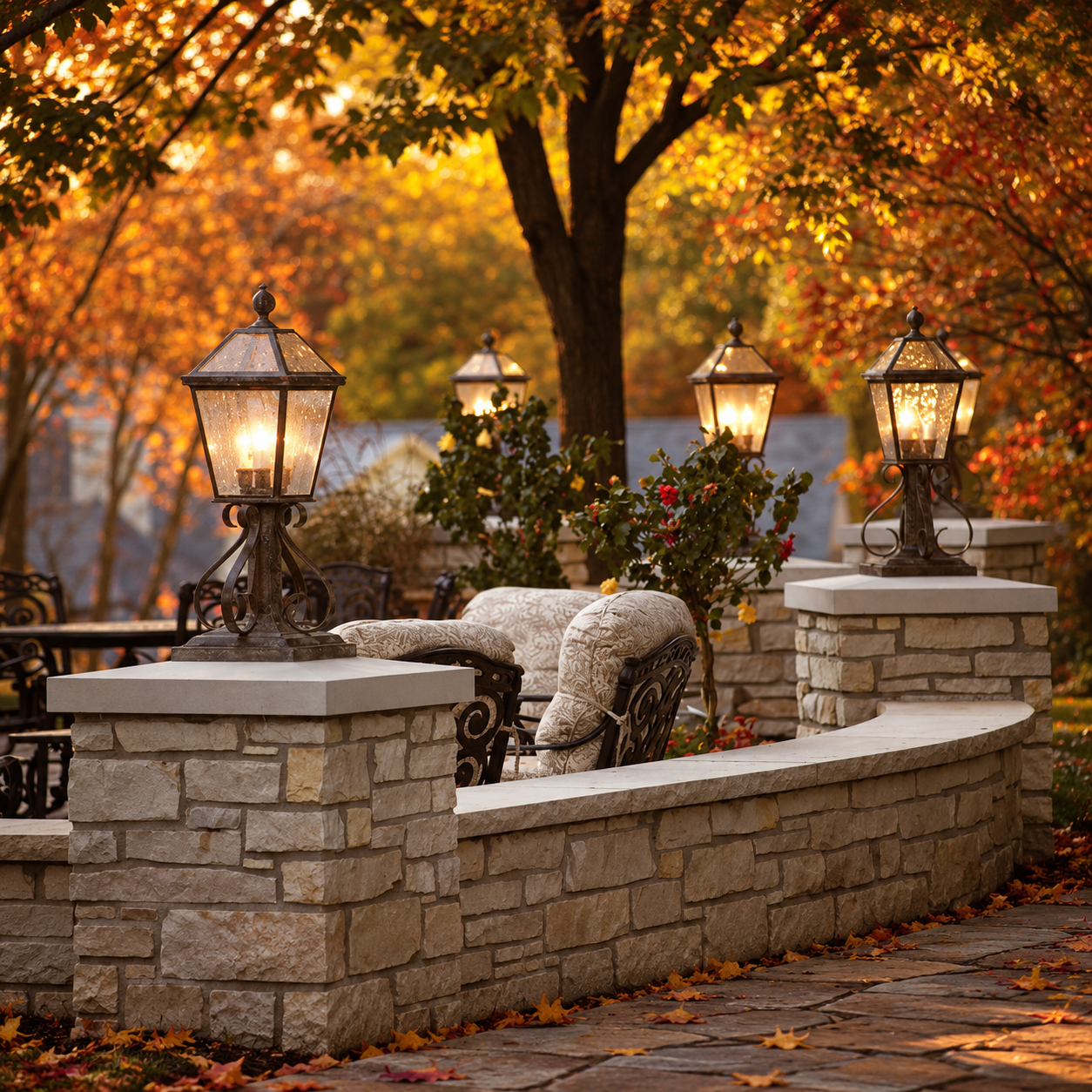 Traditional exterior pier lanterns illuminating stone patio columns in an elegant autumn outdoor living space